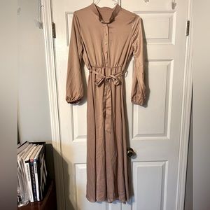 Pink Silk Dress with Pearl Buttons and Sash